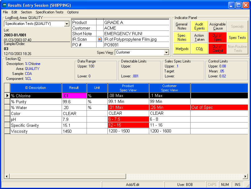 LabSoft LIMS Results Entry Figure 1