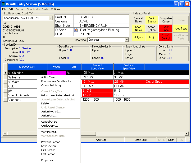 LabSoft LIMS Results Entry Figure 2 Lot LogBook